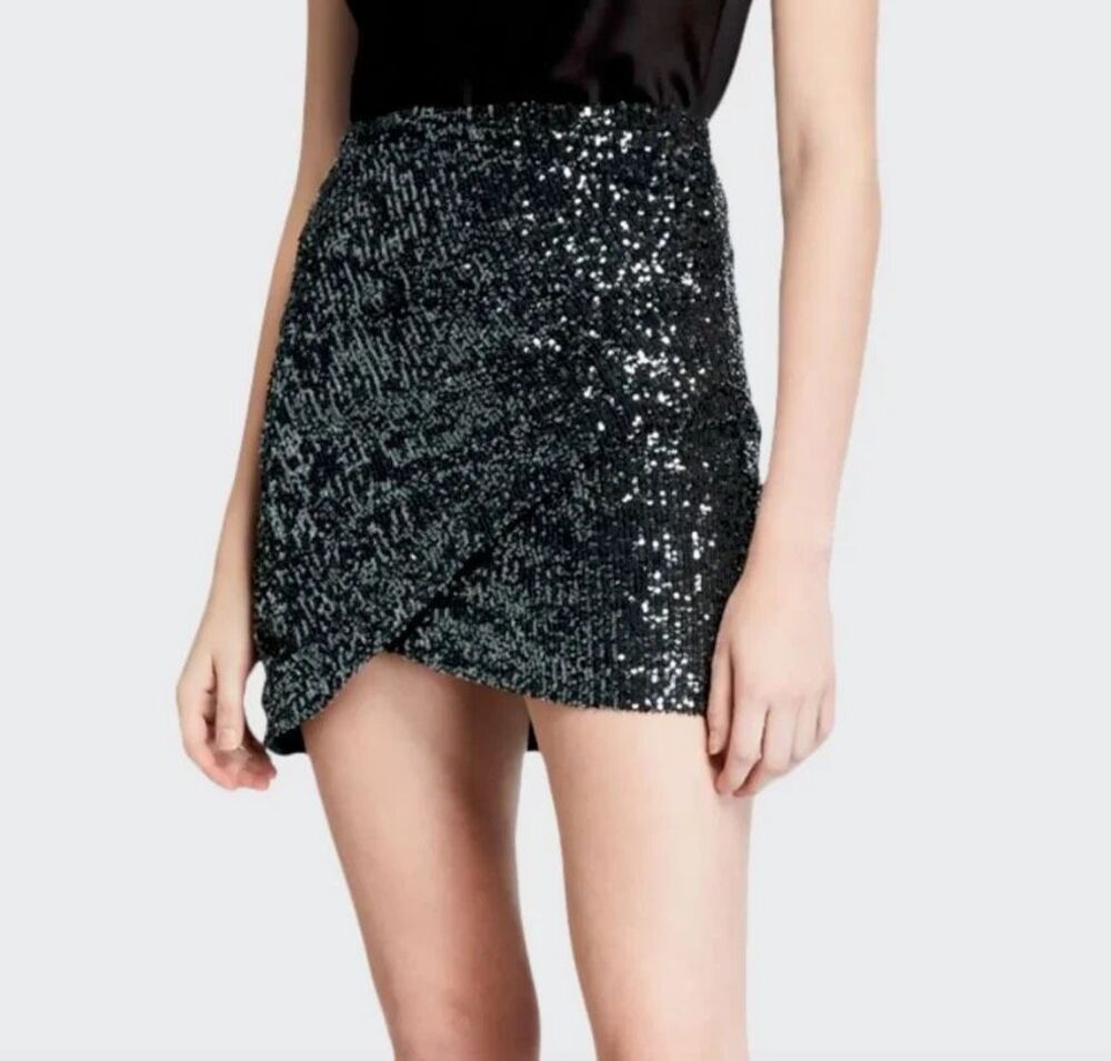 Alice + Olivia Black Sequin Fidela Embellished Draped Mini Skirt 8